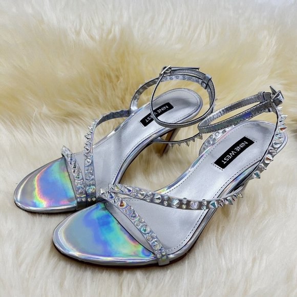 Nine West Women's Mitz3 Iridescent Studded Heeled Sandal Stilleto Size 7 NEW - Picture 2 of 7
